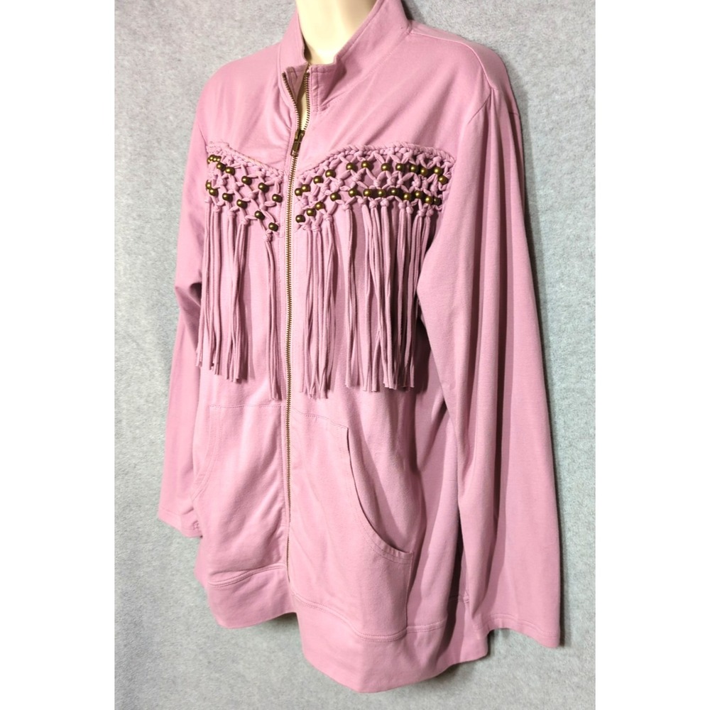 Fringe Cardigan Sweatshirt L Full Zip Blush Rose Brass Beads Festival Cowgirl